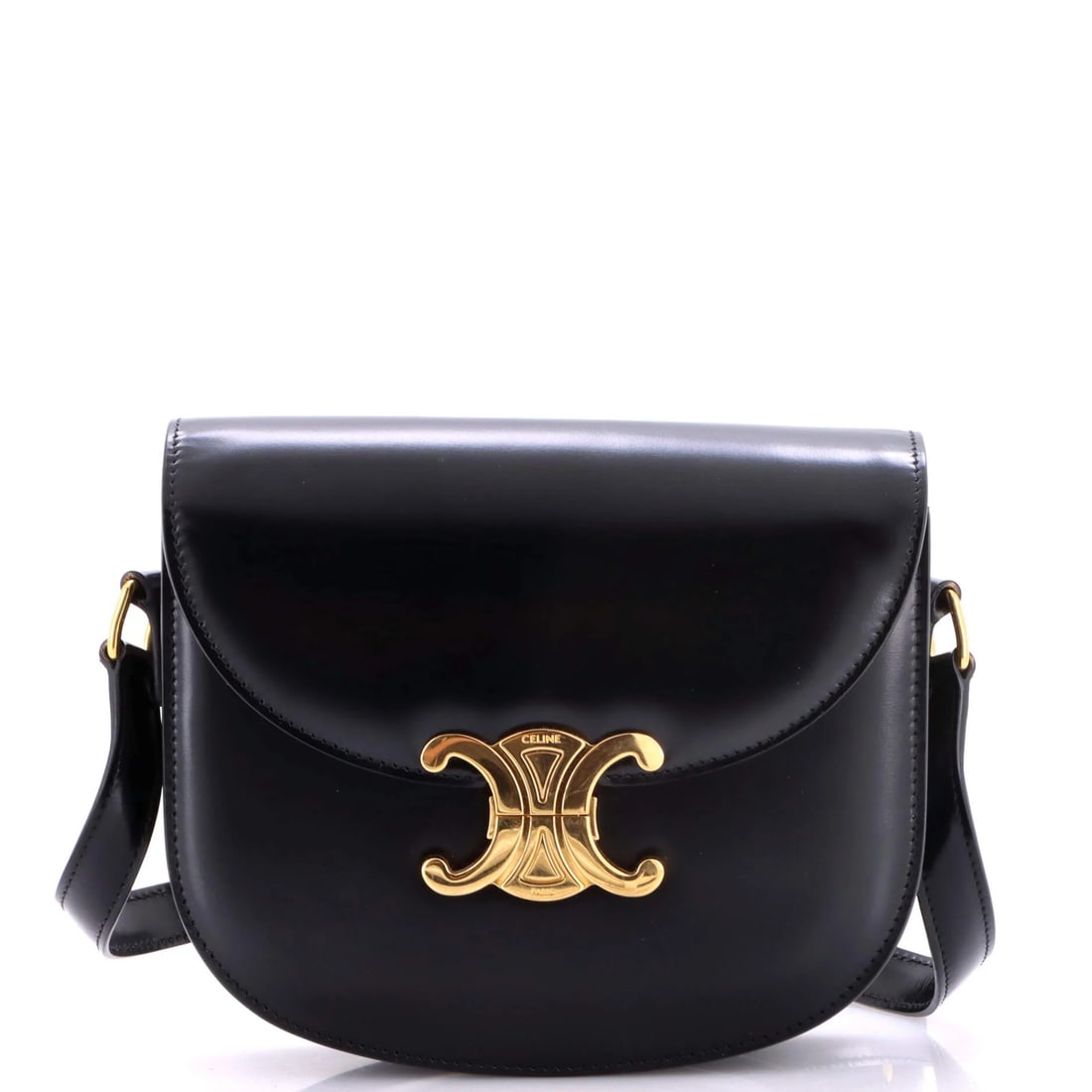 Celine Triomphe Besace Clea Flap Bag Leather: Celine Triomphe Besace Clea Flap Bag Leather The Celine Triomphe Besace Clea Flap Bag Leather boasts sleek black leather exterior with gold hardware, measuring 6" tall and 7" wide. This stylish should