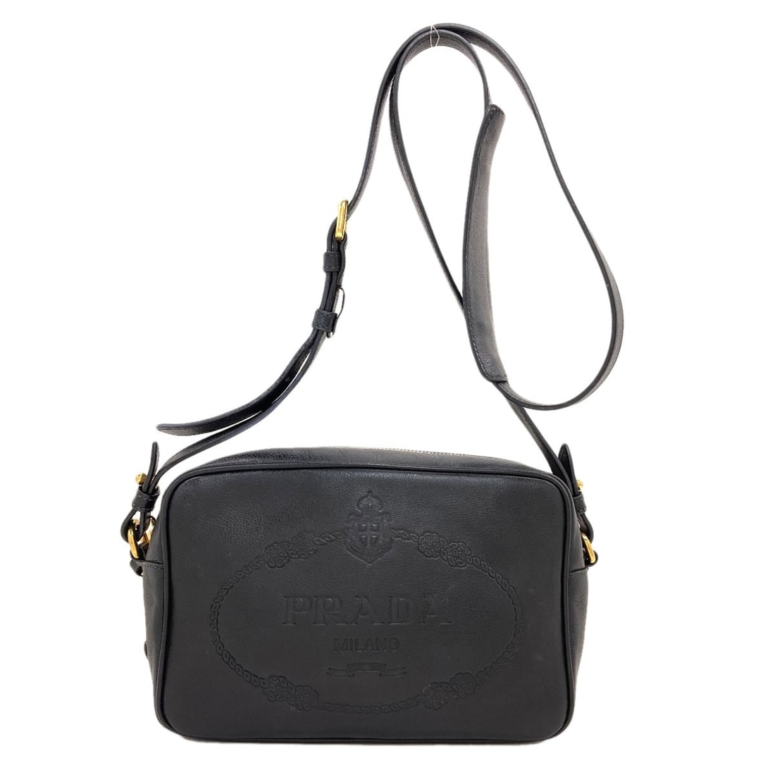 Prada 1Bh089 Long Shoulder Bag Calf: Prada 1Bh089 Long Shoulder Bag Calf Black calf leather Prada shoulder bag with long shoulder strap. The bag's exterior features a sleek, all-black design. This stylish accessory showcases the brand's 