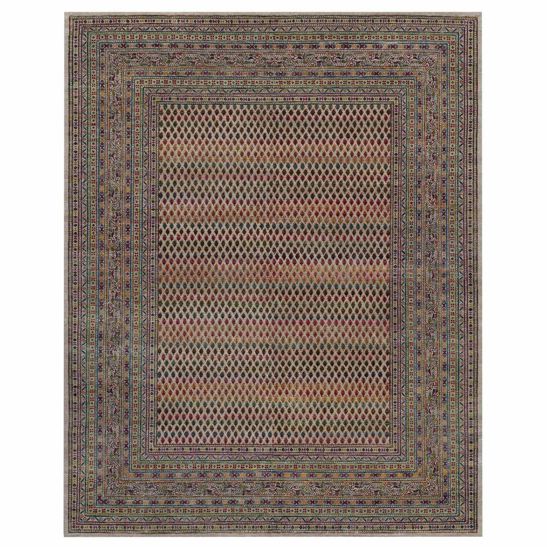 8'x10' Colorful Hand Knotted Repetitive Boteh Design Wool and Silk Rug: 8'x10' Colorful Hand Knotted Repetitive Boteh Design Wool and Silk Rug The Saroogh type rug boasts an all-over repetitive Boteh design in a vibrant mix of colors, including blue, yellow, red, brown, o