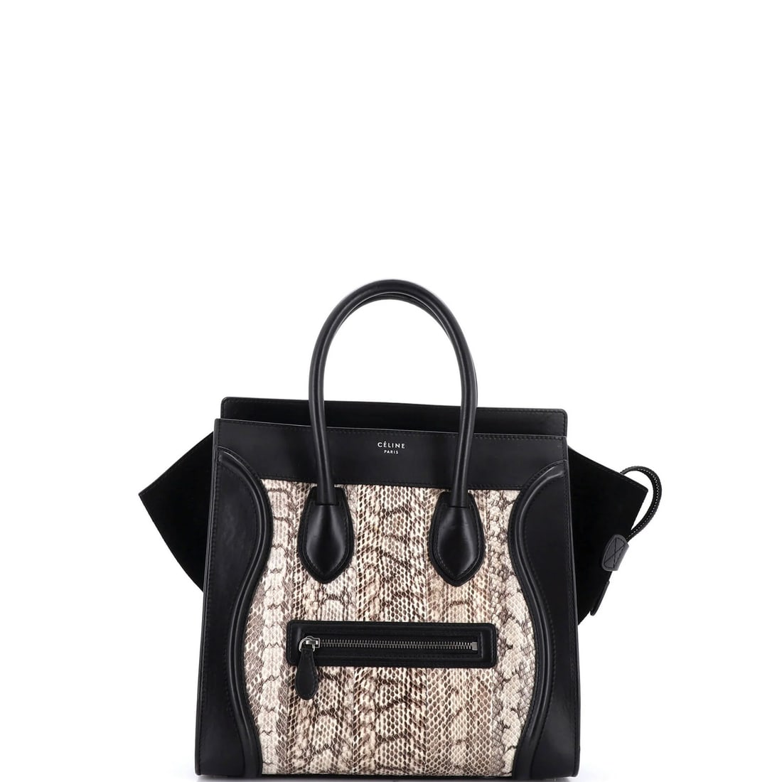 Celine Luggage Bag Python and Leather Mini: Celine Luggage Bag Python and Leather Mini Black Celine Luggage Bag with Python and Leather Exterior, featuring top handle and interior made from black leather. Measuring 12" height x 12" width x 5" d