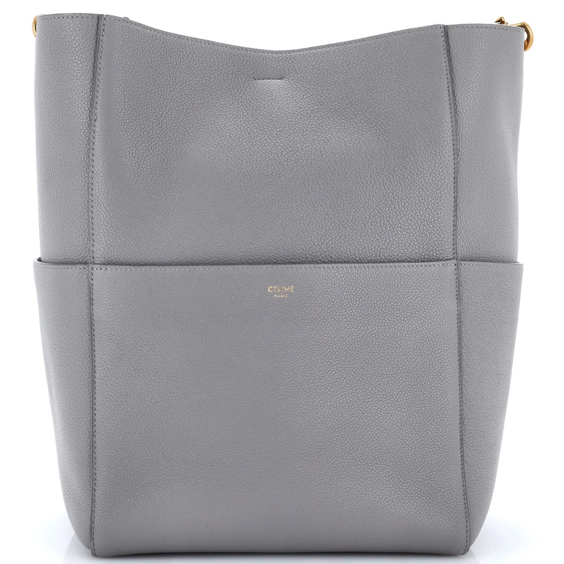 Celine Sangle Seau Bag Calfskin Large: Celine Sangle Seau Bag Calfskin Large The Celine Sangle Seau Bag Calfskin Large boasts a sophisticated gray exterior with premium leather construction, complemented by luxurious suede interior.