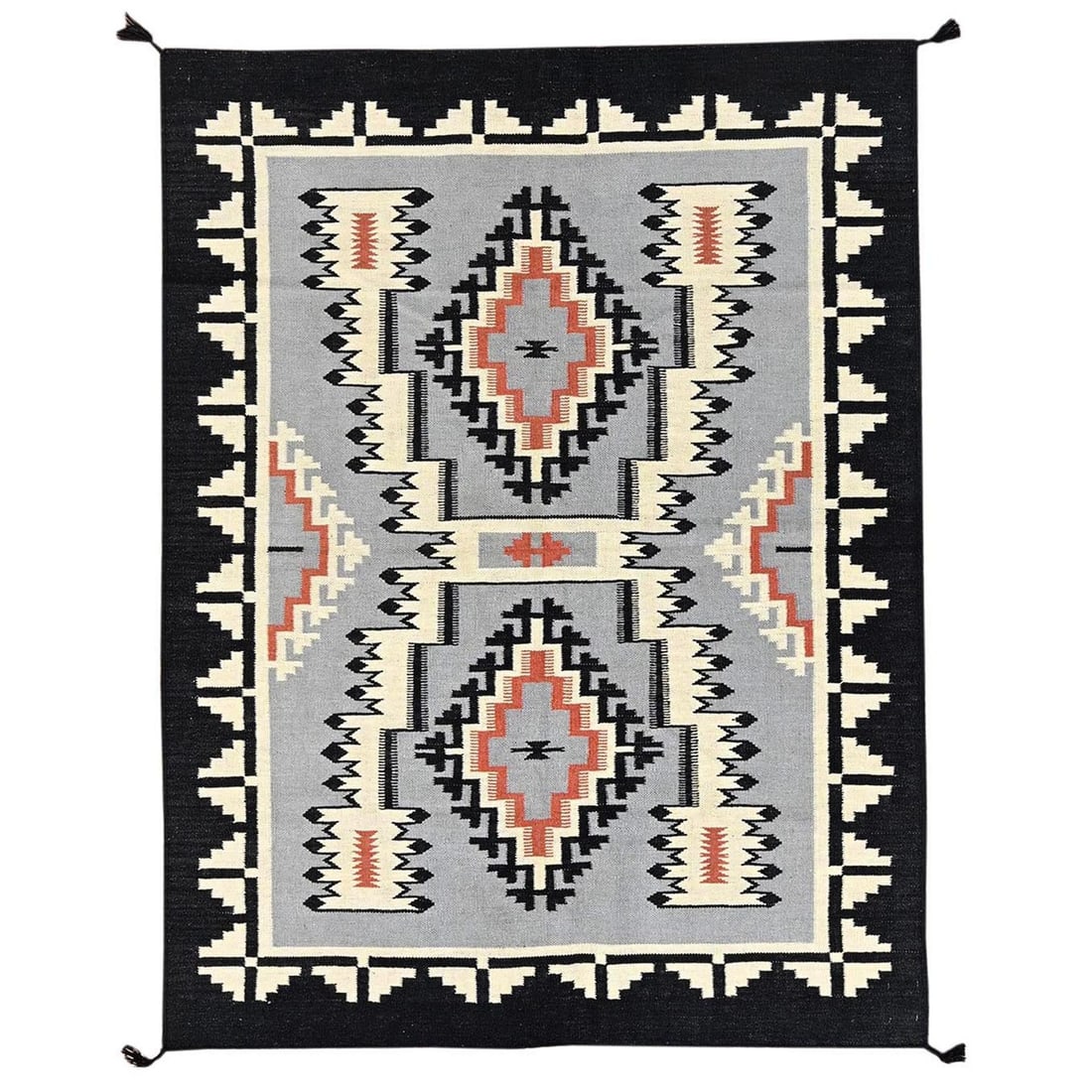 5'3"x7' Gray American Geometric Design Rug Flat Weave Hand Woven Wool: 5'3"x7' Gray American Geometric Design Rug Flat Weave Hand Woven Wool This stunning hand-woven wool rug boasts a striking gray geometric design, reminiscent of Oriental regional styles. Its