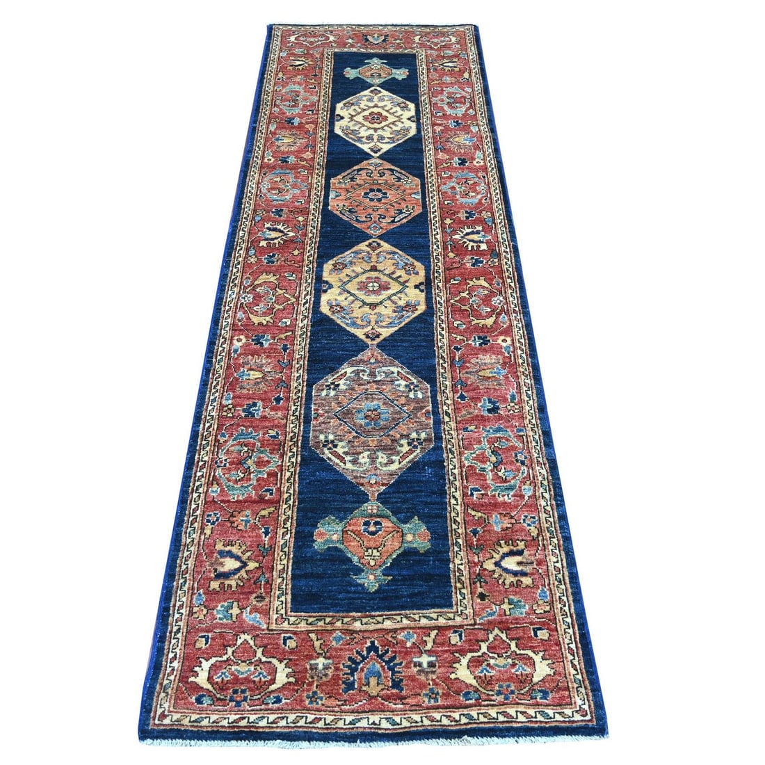 2'6"x8'1" Yale Blue Seeripe Heris Design Wool Hand Knotted Runner Oriental: 2'6"x8'1" Yale Blue Seeripe Heris Design Wool Hand Knotted Runner Oriental The Yale Blue Seeripe Heris Design Wool Hand Knotted Runner Oriental boasts an impressive medallion pattern in rich blue