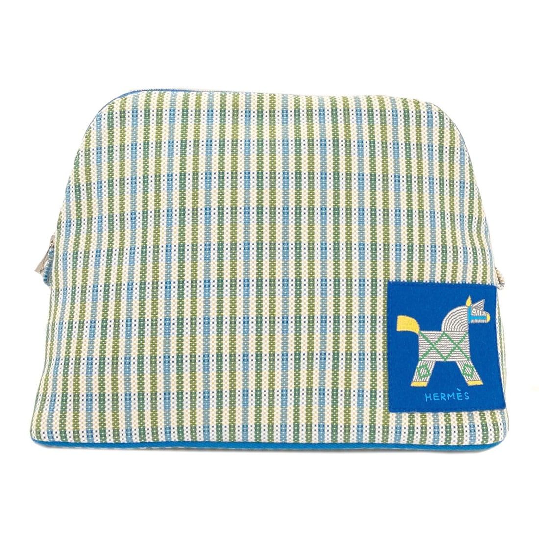 Hermes Bolide Pouch Animo Natte Factis Cosmetics Pouch Canvas: Hermes Bolide Pouch Animo Natte Factis Cosmetics Pouch Canvas Blue canvas cosmetics pouch from HERMES, featuring an Animo Natte Factis design. This unique canvas pouch showcases the brand's