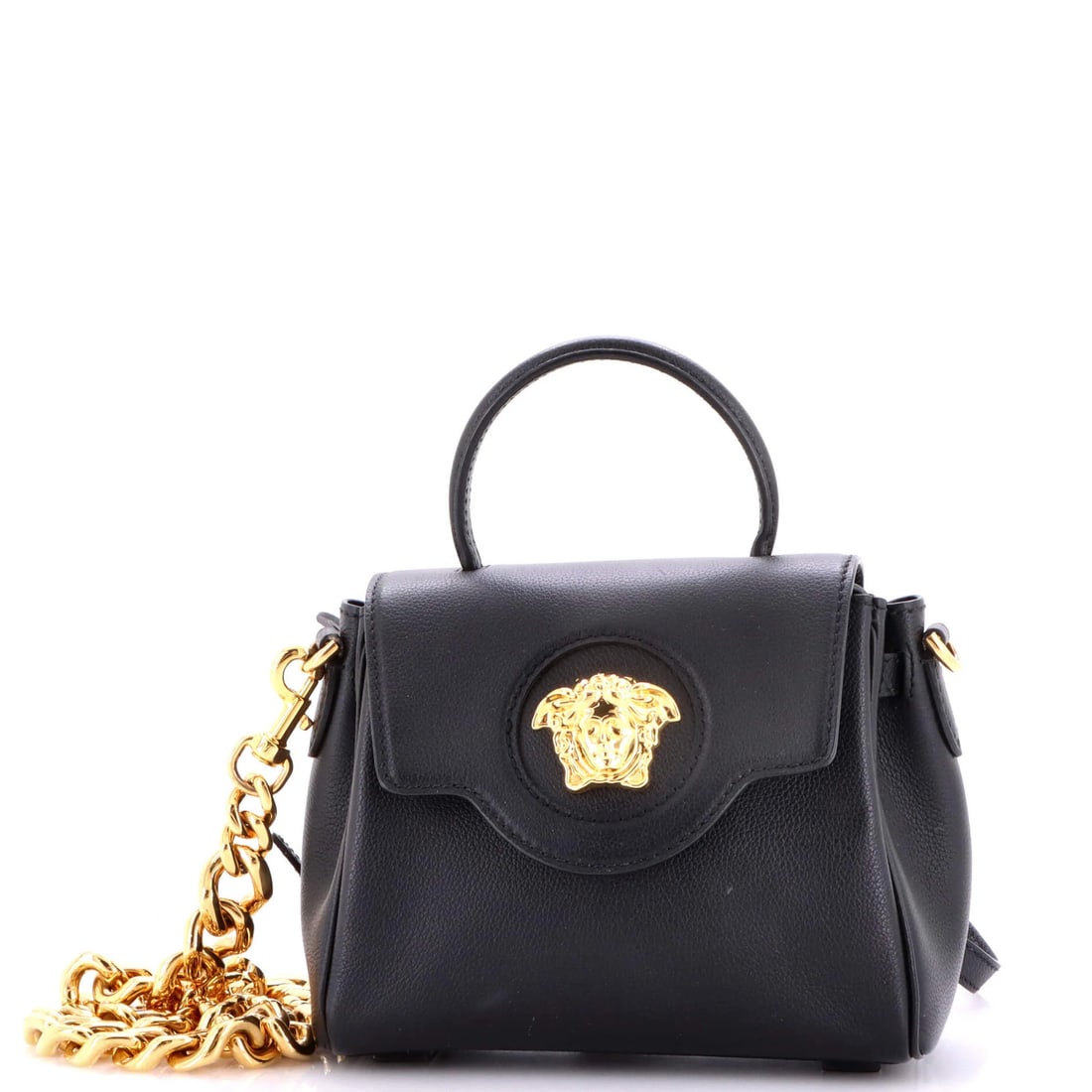 Versace La Medusa Top Handle Bag Leather Small: Versace La Medusa Top Handle Bag Leather Small Small Versace La Medusa Top Handle Bag in Black Leather. This top handle bag features a sleek design with minor scuffs on the exterior and interior, and 