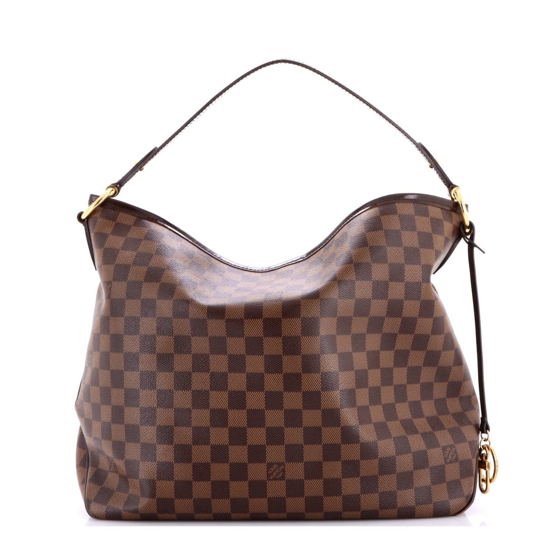 Louis Vuitton Delightful NM Handbag Damier MM: Louis Vuitton Delightful NM Handbag Damier MM Brown Louis Vuitton Delightful NM Handbag Damier MM with scuffs and minor creases on exterior, featuring gold hardware. The interior boasts a striking red