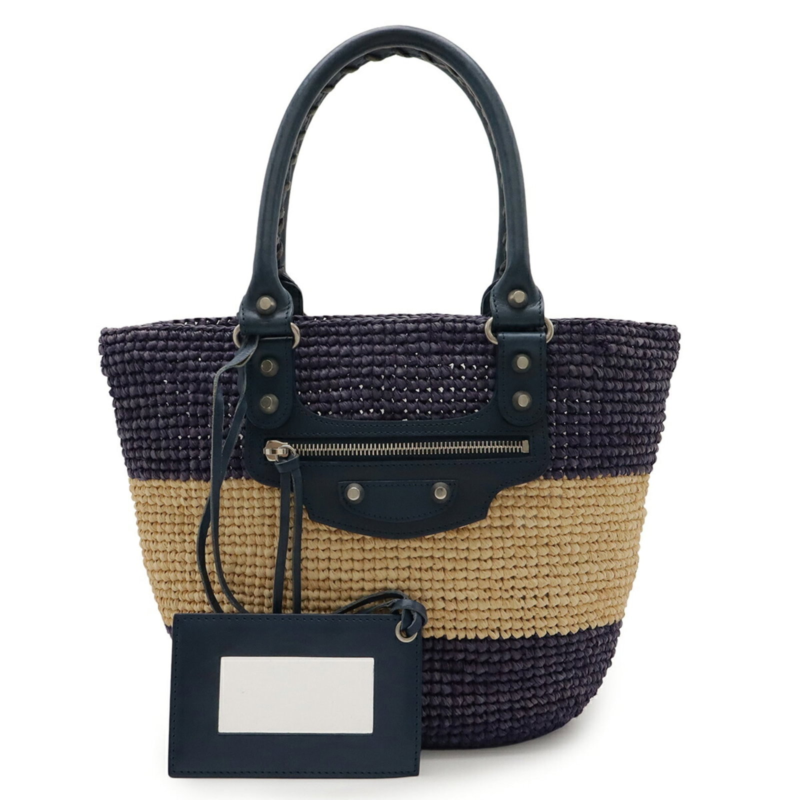 Balenciaga Handbag Tote Bag Raffia Leather: Balenciaga Handbag Tote Bag Raffia Leather Balenciaga's Raffia Leather Tote Bag boasts a striking blue and purple hue, perfectly balanced by the natural texture of raffia leather. The bag's mirror-fin