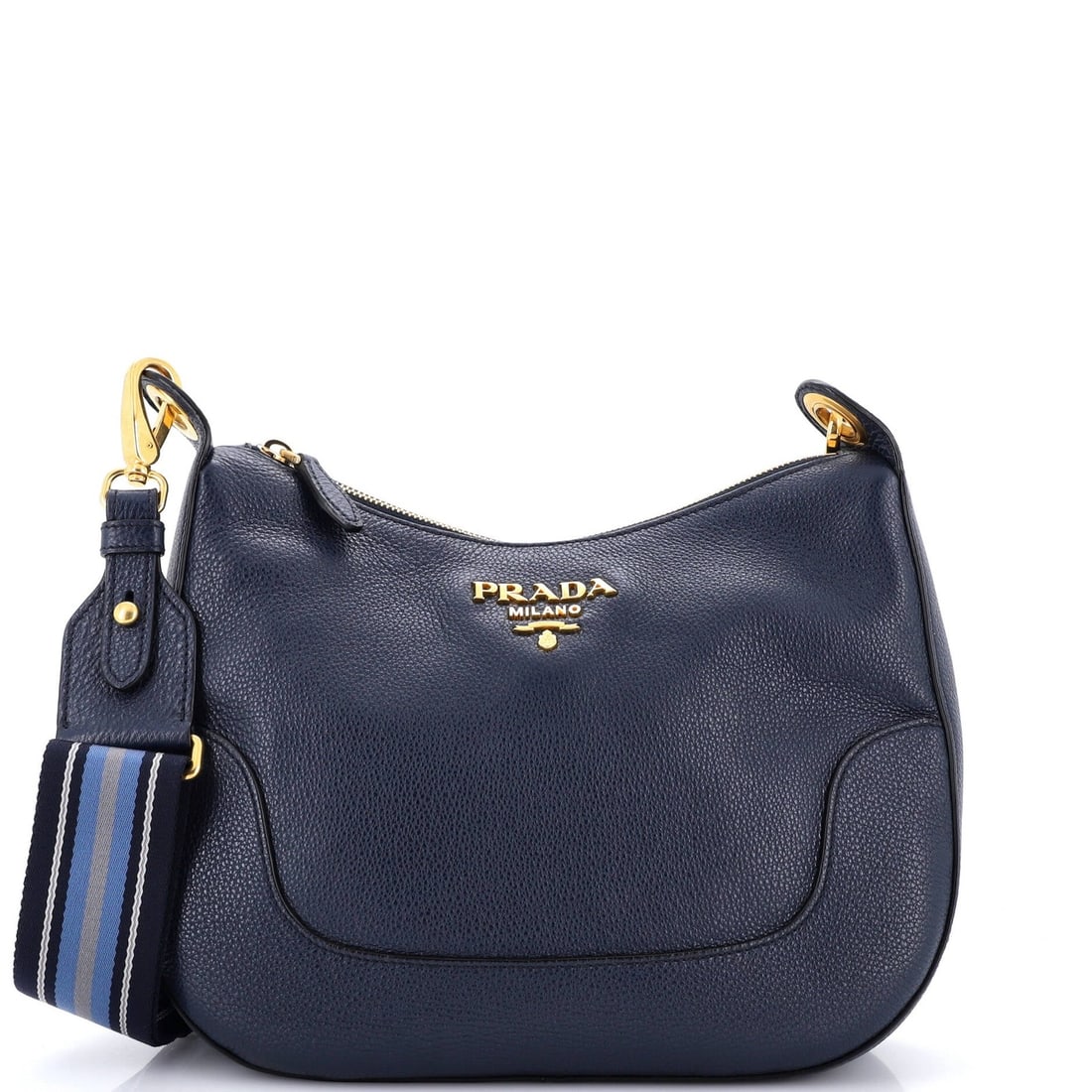 Striped strap zip medium vitello daino hobo prada: Striped strap zip medium vitello daino hobo prada Blue Striped Strap Zip Medium Vitello Daino Hobo Prada, featuring a classic cross body design with a striped strap and gold hardware. This medium-size