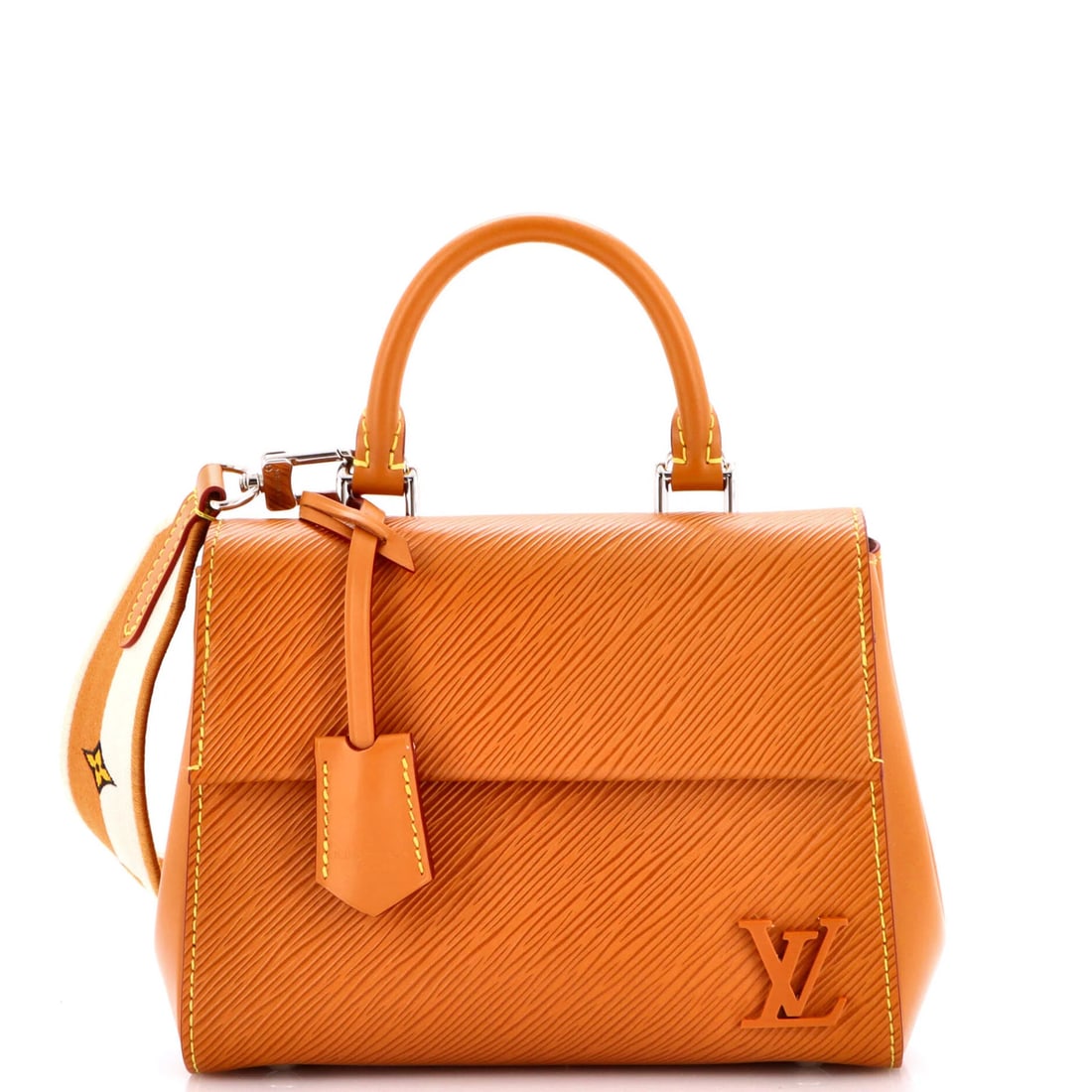 Epi Leather Louis Vuitton Mini Cluny Handle Top Bag: Epi Leather Louis Vuitton Mini Cluny Handle Top Bag Brown Epi Leather Mini Cluny Handle Top Bag with Clochette and Strap. This Louis Vuitton mini top handle bag features scuffed exterior, edge wear, c