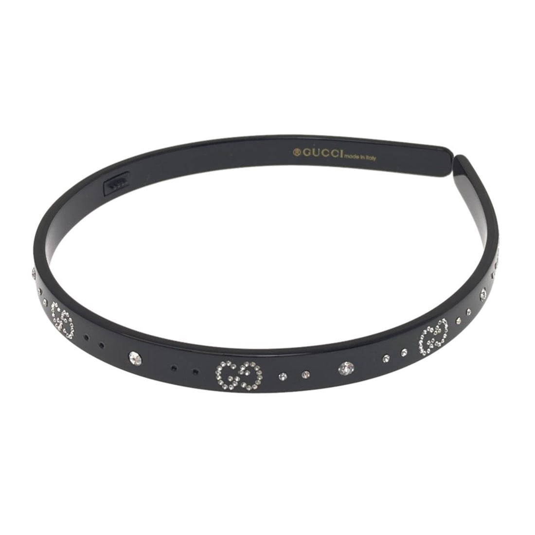 Crystalgg Hair Accessory Plastic Gucci Headband: Crystalgg Hair Accessory Plastic Gucci Headband Black plastic Gucci headband with crystal accents, bearing the brand's signature style. Made from high-quality plastic material, this hair accessory fea
