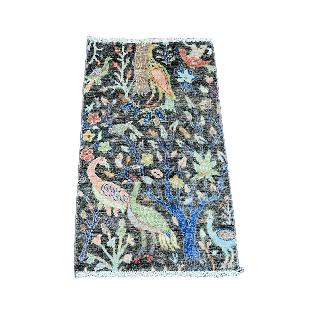 Soft wool gray mat rug hand knotted design peshawar birds afghan: Soft wool gray mat rug hand knotted design peshawar birds afghan Soft wool gray mat rug hand knotted design peshawar birds afghan. This rectangular, hand-knotted rug features an oriental regional desi