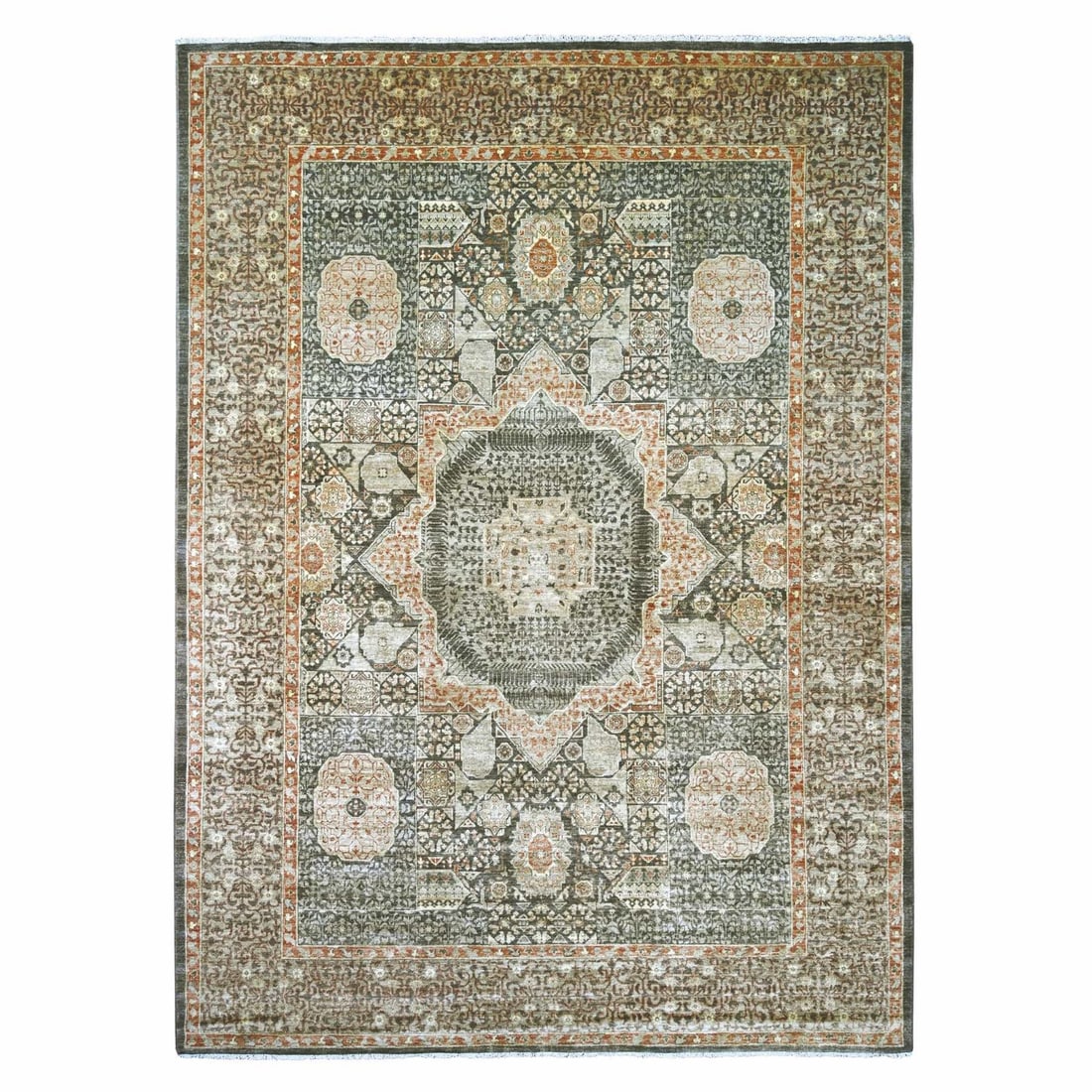 10'2"x13'9" Cedar Brown Hand Knotted 14th Century Mamluk Design Wool Rug: 10'2"x13'9" Cedar Brown Hand Knotted 14th Century Mamluk Design Wool Rug Cedar Brown Hand Knotted Mamluk Design Wool Rug - A stunning example of traditional Oriental craftsmanship, this 14th Century M