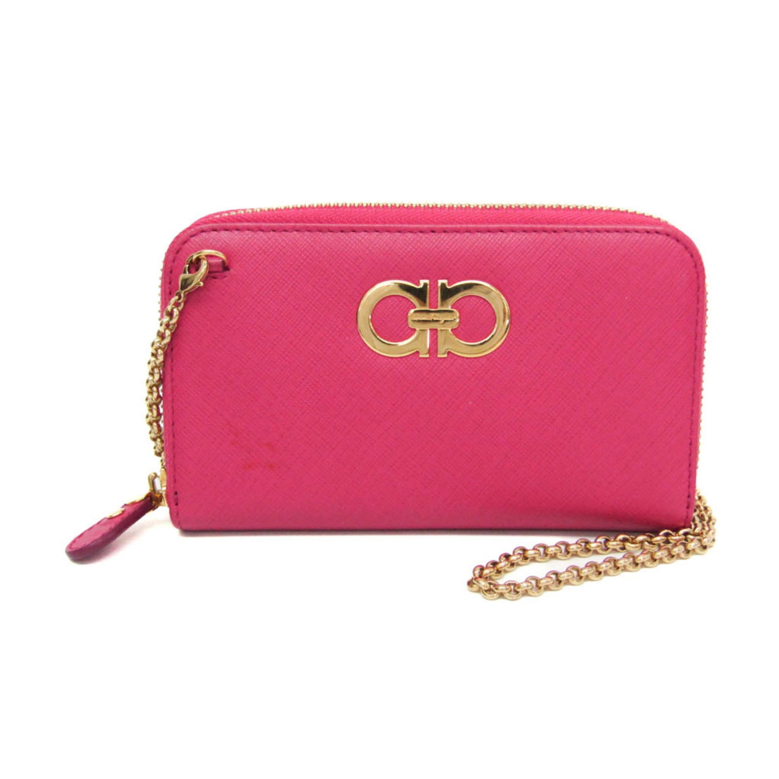 Ferragamo Leather Chain Wallet Shoulder: Ferragamo Leather Chain Wallet Shoulder Pink leather chain shoulder wallet with zipper closure, featuring six card slots and one coin pocket. The sleek design measures 9cm x 15cm x 2cm and comes with 