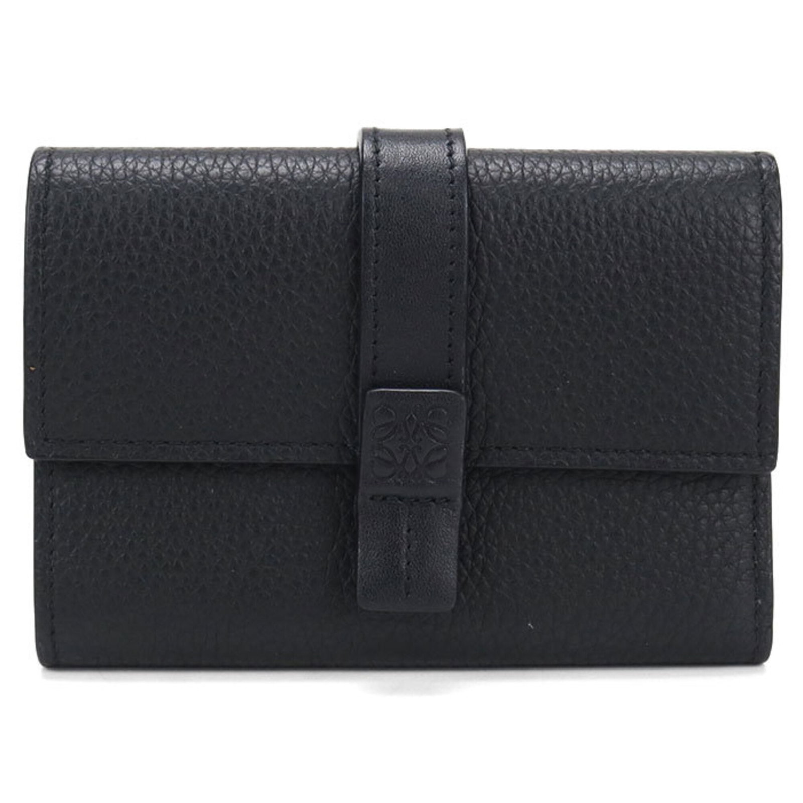 Loewe Wallet (Tri-Fold) Leather: Loewe Wallet (Tri-Fold) Leather Loewe's tri-fold leather wallet features the brand's signature style and craftsmanship, with a sleek black design made from high-quality calfskin. Measuring 8.5cm x 12c