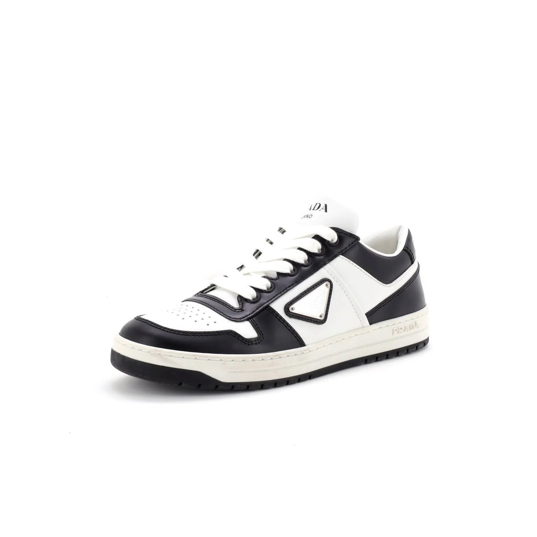 Prada Women's Downtown Low-Top Sneakers Leather: Prada Women's Downtown Low-Top Sneakers Leather Black Prada Women's Downtown Low-Top Sneakers Leather, featuring a sleek leather upper and silver hardware. Minor scuffs throughout and light creasing o