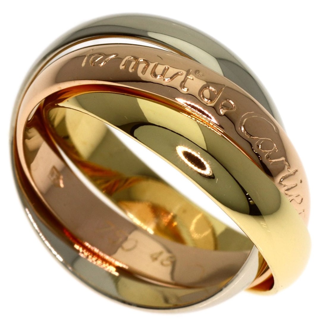 Yellow Gold K18 White Gold Cartier Trinity Ring #48: Yellow Gold K18 White Gold Cartier Trinity Ring #48 K18 White Gold Cartier Trinity Ring #48 boasts a sleek, gold metal design with a signature from the artist. This elegant ring features a unique comb