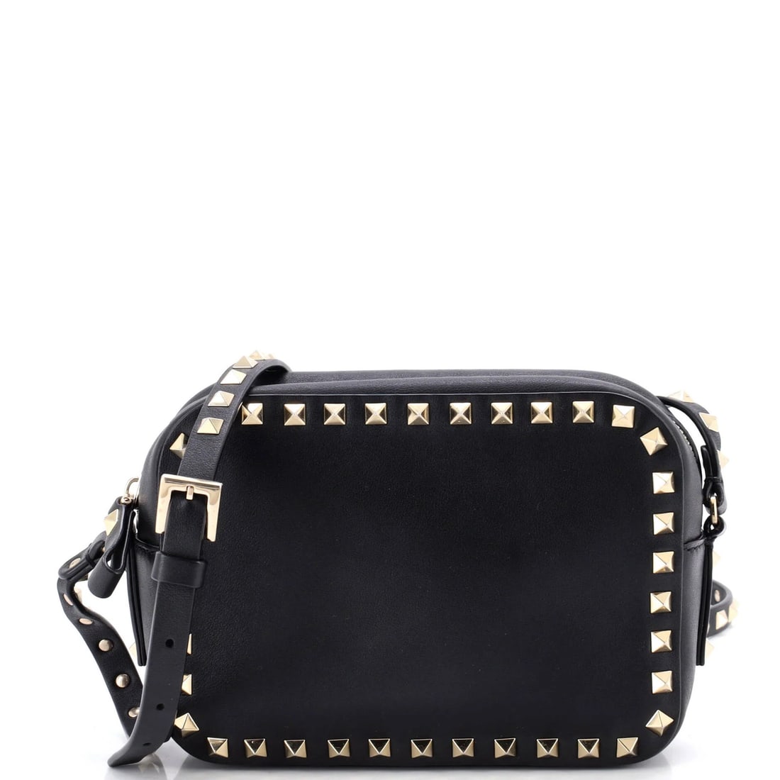 Leather camera bag by Garavani Valentino rockstud crossbody: Leather camera bag by Garavani Valentino rockstud crossbody Black Rockstud crossbody bag by Valentino Garavani features a sleek leather exterior with gold tone hardware, and a spacious interior in