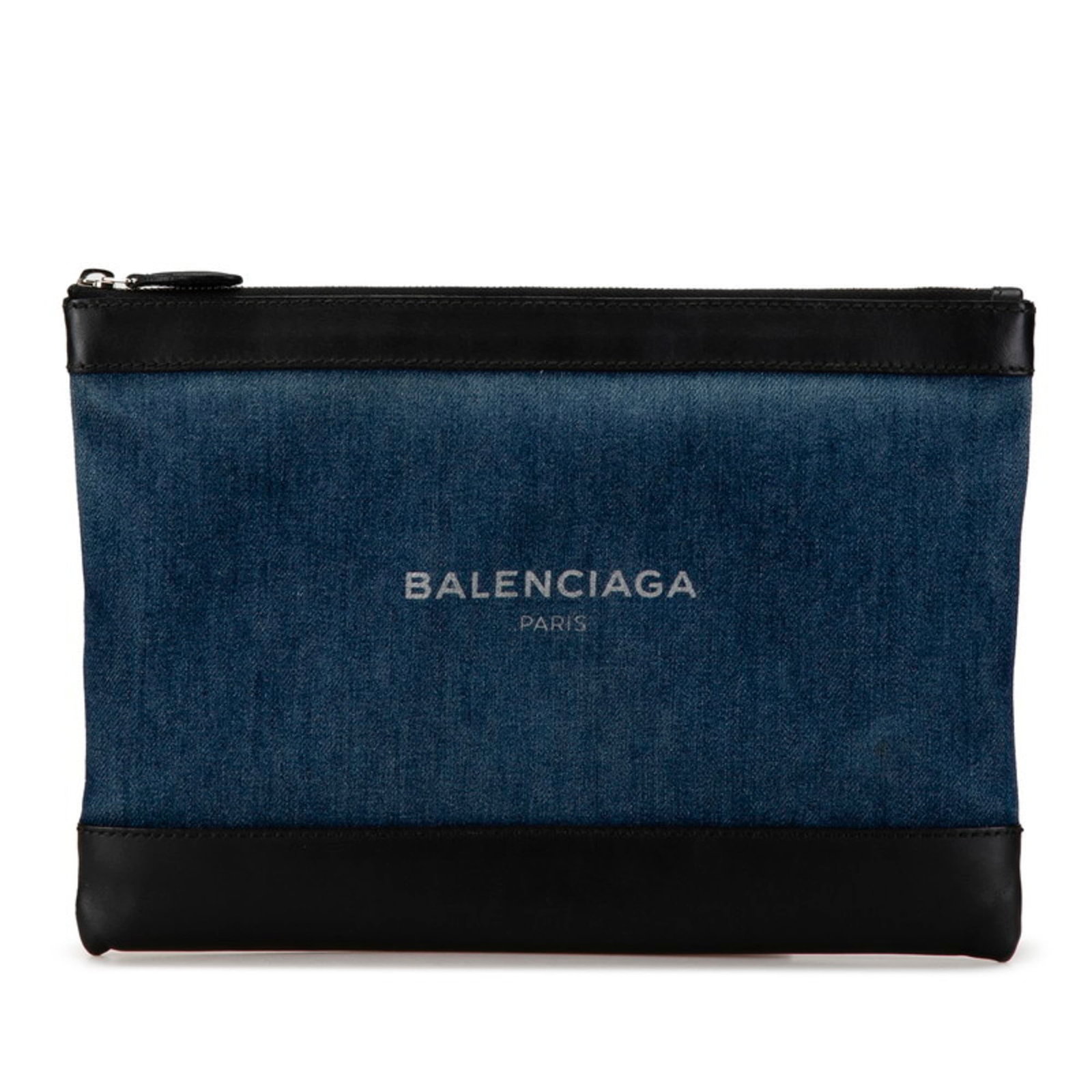 Balenciaga Clutch Bag Denim Leather: Balenciaga Clutch Bag Denim Leather Balenciaga's Clutch Bag Denim Leather boasts a unique blend of denim and leather in its striking black color. Measuring 22cm x 31cm x 1cm, this stylish accessory is
