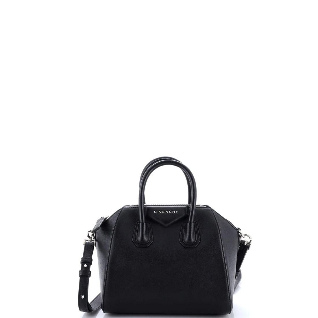 Mini leather bag from Givenchy: Mini leather bag from Givenchy The Givenchy Mini Leather Bag features sleek black leather exterior, silver hardware, and a compact design. With a strap drop of 19-23" and measurements of 3" handle dro