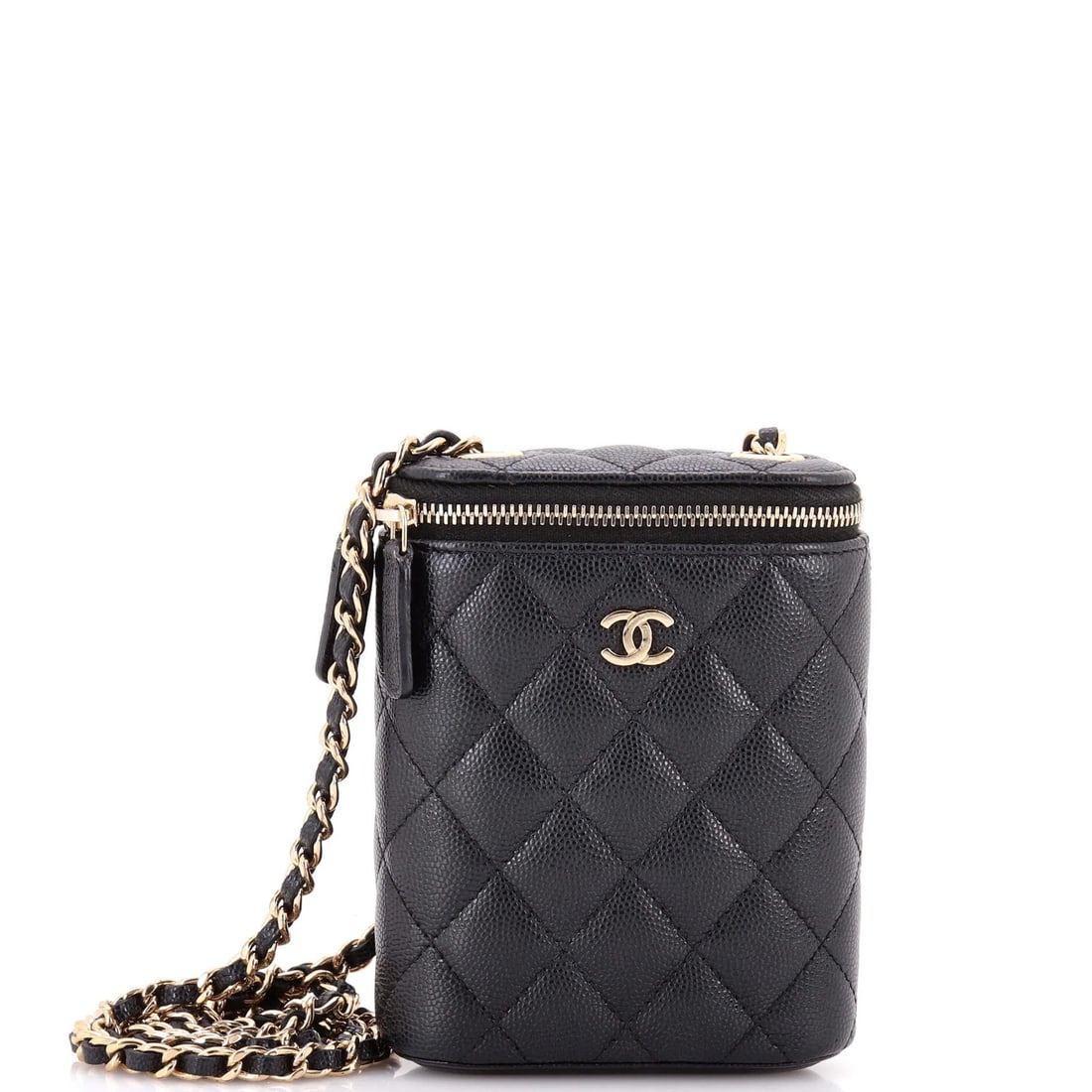 Chanel Vertical Quilted Case Small with Chain Caviar and Classic Vanity: Chanel Vertical Quilted Case Small with Chain Caviar and Classic Vanity The Chanel Vertical Quilted Case Small with Chain Caviar and Classic Vanity boasts a sleek, all-black design featuring quilted