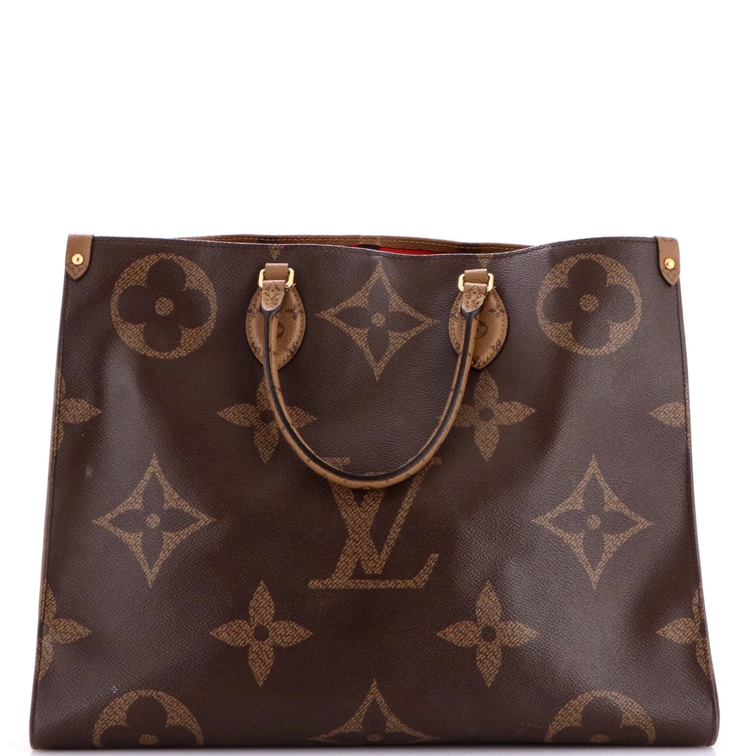 Giant Reverse Tote GM Monogram OnTheGo Louis Vuitton: Giant Reverse Tote GM Monogram OnTheGo Louis Vuitton Brown Giant Reverse Tote with Monogram OnTheGo Louis Vuitton features a canvas-coated exterior and red interior. The tote measures 12.5" high, 16.5