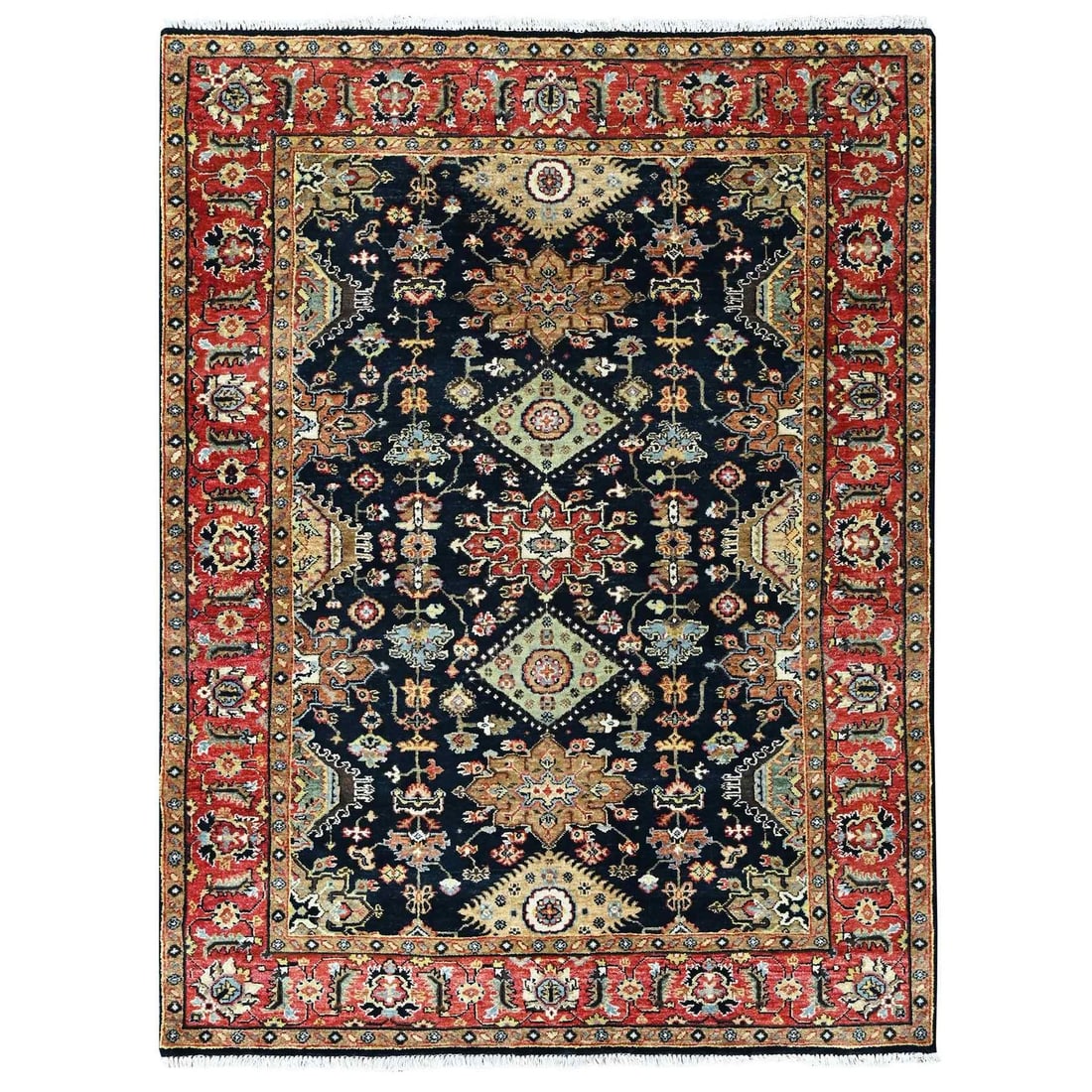 Midnight Black Karjihooz Design With Medallions Hand Knotted Wool: Midnight Black Karjihooz Design With Medallions Hand Knotted Wool Midnight black wool rug with intricate medallions and geometric patterns, adding an oriental touch to indoor spaces. Hand-knotted with