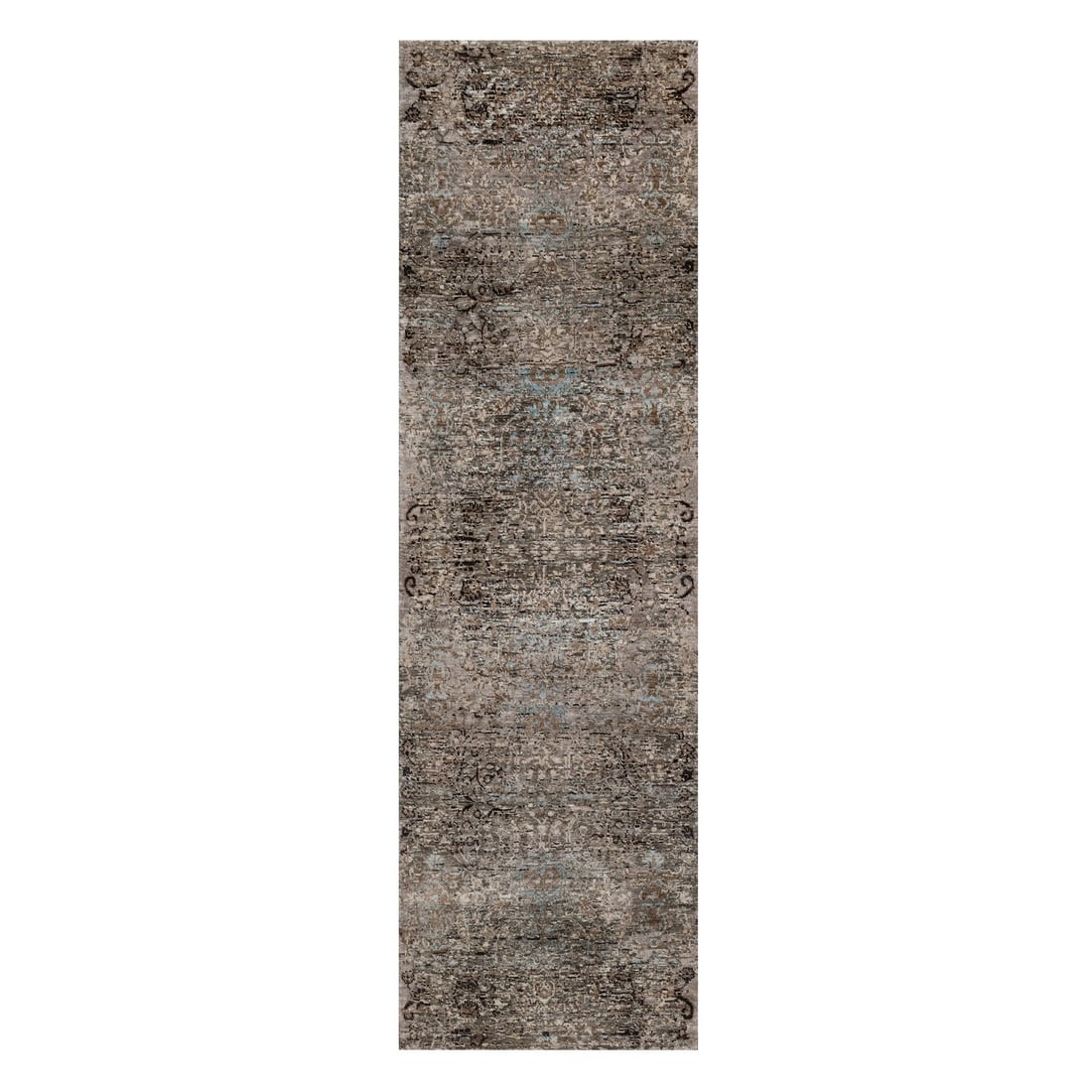 2'5"x8'4" Brown Erased Flower Design Silk Textured Wool Hand Knotted Runner: 2'5"x8'4" Brown Erased Flower Design Silk Textured Wool Hand Knotted Runner This stunning 2'5"x8'4" brown erased flower design silk textured wool hand knotted runner boasts an intricate all-over regio