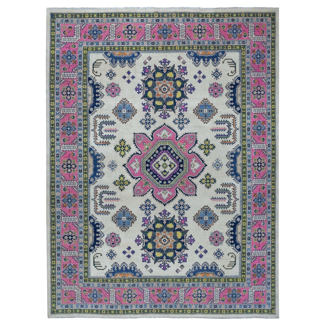 8'10"x11'6" Colorful Ivory Fusion Kazak Natural Wool Hand Knotted Rug: 8'10"x11'6" Colorful Ivory Fusion Kazak Natural Wool Hand Knotted Rug Colorful ivory fusion patterns create a visually striking design on this 8'10"x11'6" hand knotted rug made from natural wool. The 