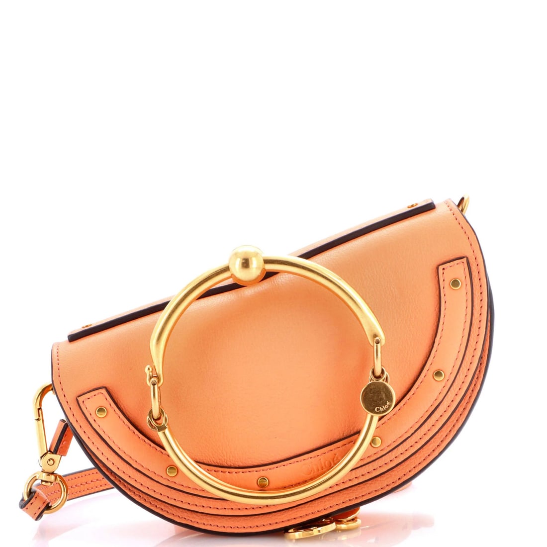 Chloe Nile Crossbody Bag Leather Mini: Chloe Nile Crossbody Bag Leather Mini Orange Chloe Nile Crossbody Bag Leather Mini with Gold Hardware, featuring a neutral interior and scuffs on exterior handles. Measures 4" drop, 7.5" width, and 2.