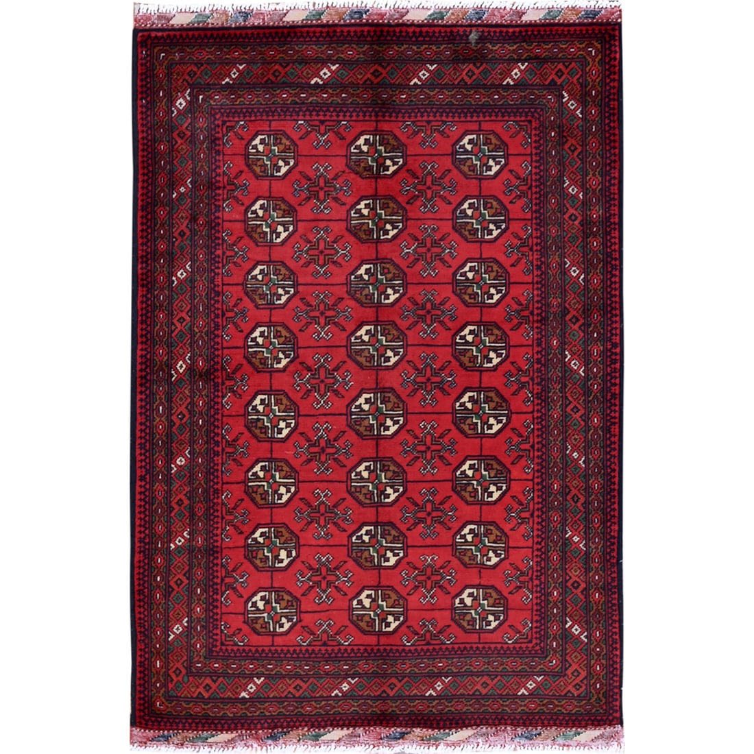 2'8"x3'9" Red Princess Bokara Geometric Design Soft Wool Hand Knotted Rug: 2'8"x3'9" Red Princess Bokara Geometric Design Soft Wool Hand Knotted Rug Red Princess Bokara Geometric Design Soft Wool Hand Knotted Rug, measuring 2'8"x3'9" in a vibrant red field with geometric pat