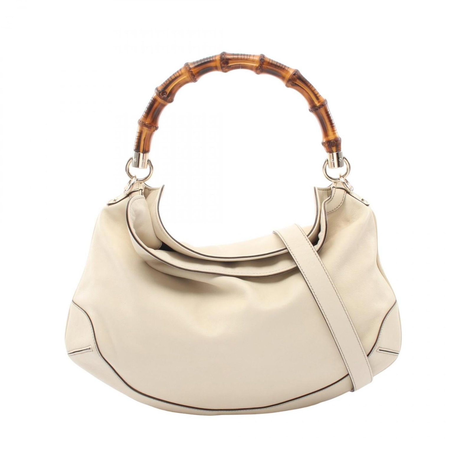 Handbag Leather Gucci: Handbag Leather Gucci Handbag made from high-quality leather, featuring an ivory color and classic design. Measuring 24cm x 40cm x 9cm, it has a sturdy handle length of 42cm and adjustable strap
