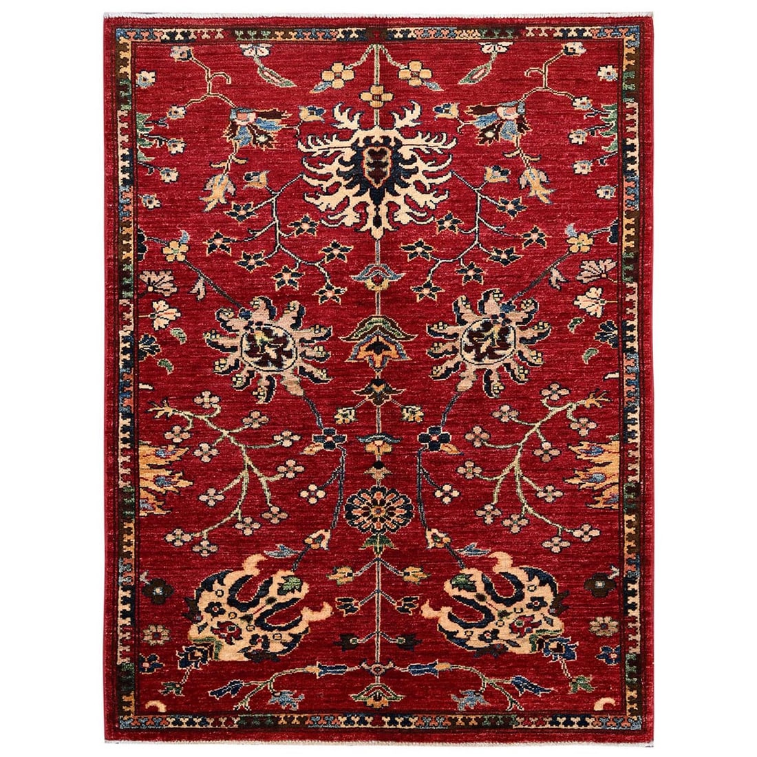 3'5"x4'7" Ajax Red Northwest Zoroastrian Design Soft Wool Hand Knotted Rug: 3'5"x4'7" Ajax Red Northwest Zoroastrian Design Soft Wool Hand Knotted Rug Hand-knotted in wool, this vibrant red Zoroastrian design rug boasts intricate floral patterns and a rich regional aesthetic 