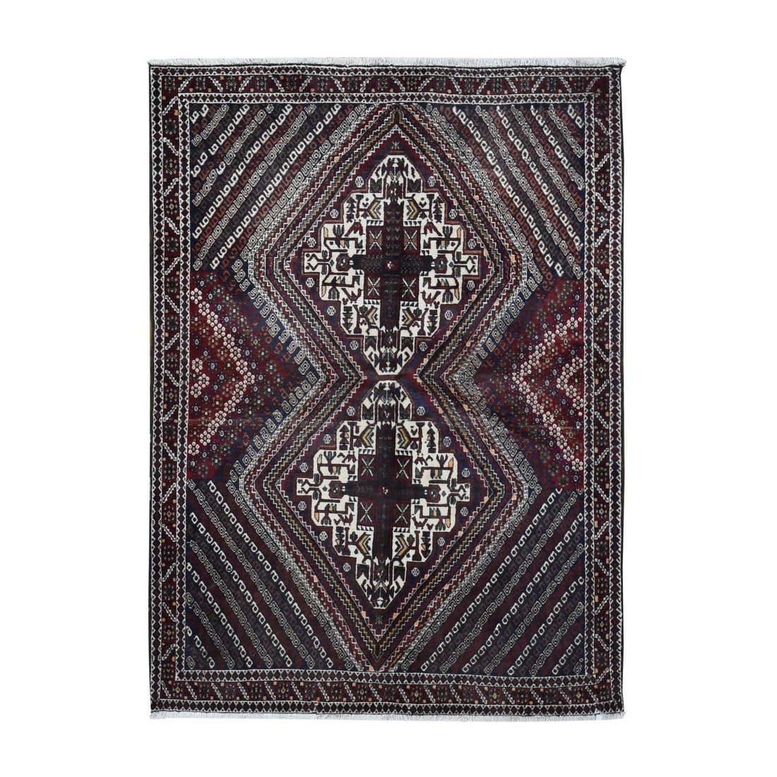 Blue Vintage Hand Knotted Wool Sheeraz Design Rug 4'1"x5'9: Blue Vintage Hand Knotted Wool Sheeraz Design Rug 4'1"x5'9 This stunning Blue Vintage Hand Knotted Wool Sheeraz Design Rug boasts an intricate, rectangular field with a rich blue hue and subtle green 