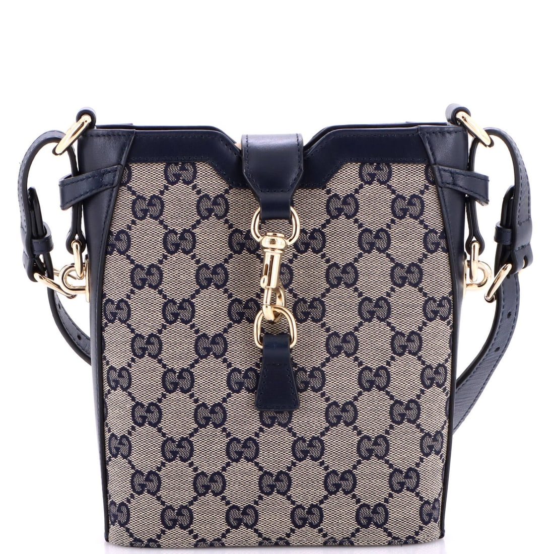 Gucci Bucket Bag GG Canvas with Leather Mini: Gucci Bucket Bag GG Canvas with Leather Mini The Gucci Bucket Bag GG Canvas with Leather Mini boasts a striking blue canvas exterior, complemented by rich leather accents. With its compact size and go