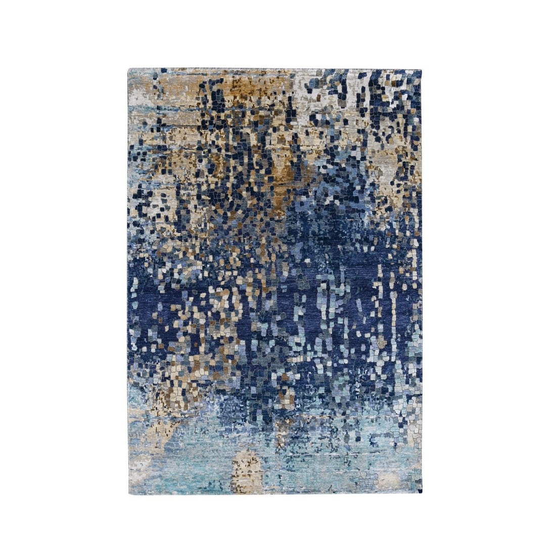 4'10"x6'10" Blue-Gold Modern Mosaic Design Hand Knotted Wool and Silk Rug: 4'10"x6'10" Blue-Gold Modern Mosaic Design Hand Knotted Wool and Silk Rug The Blue-Gold Modern Mosaic Design Hand Knotted Wool and Silk Rug boasts an eye-catching abstract pattern, woven from a combin