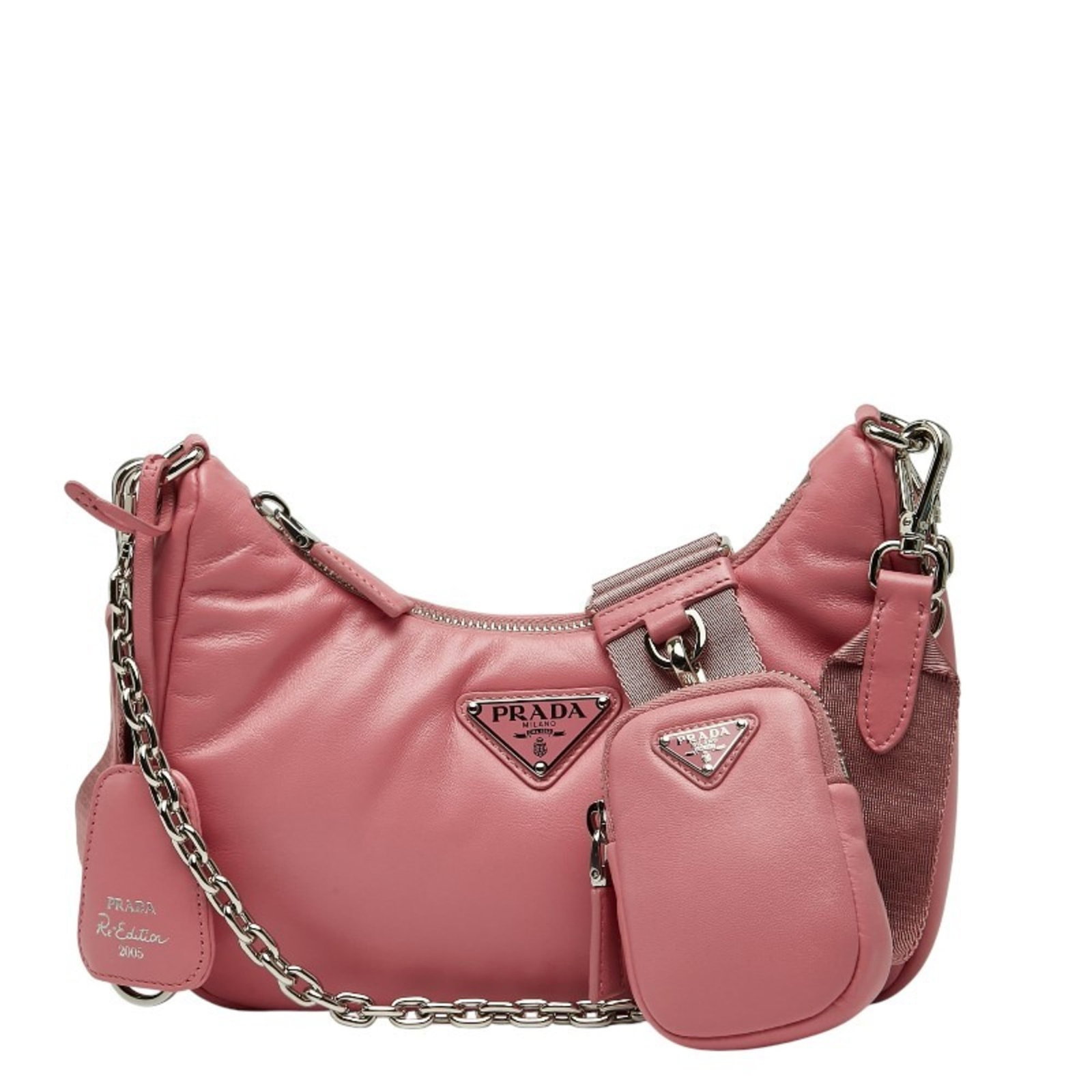 Handbag Leather Pouch Shoulder Prada: Handbag Leather Pouch Shoulder Prada Pink Prada Leather Pouch Shoulder Bag. Made from high-quality leather, this stylish shoulder bag features a fastener closure and measures 17cm x 22cm x 7cm. Includ