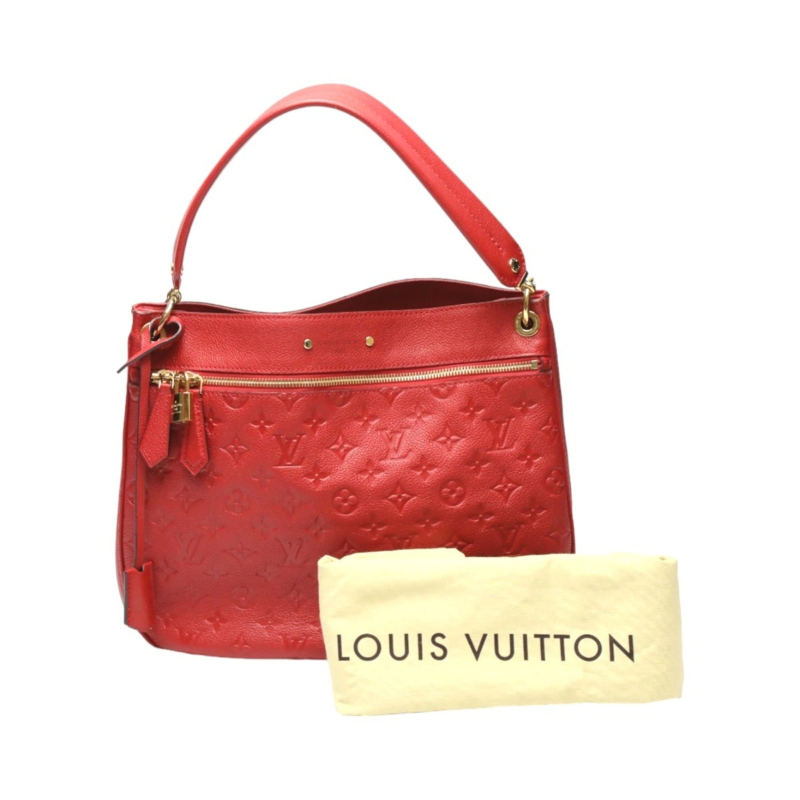 Louis Vuitton Handbag Monogram Empreinte: Louis Vuitton Handbag Monogram Empreinte Louis Vuitton's iconic Monogram Empreinte pattern adorns this stunning red handbag, showcasing the brand's signature style. The spacious interior and durable d