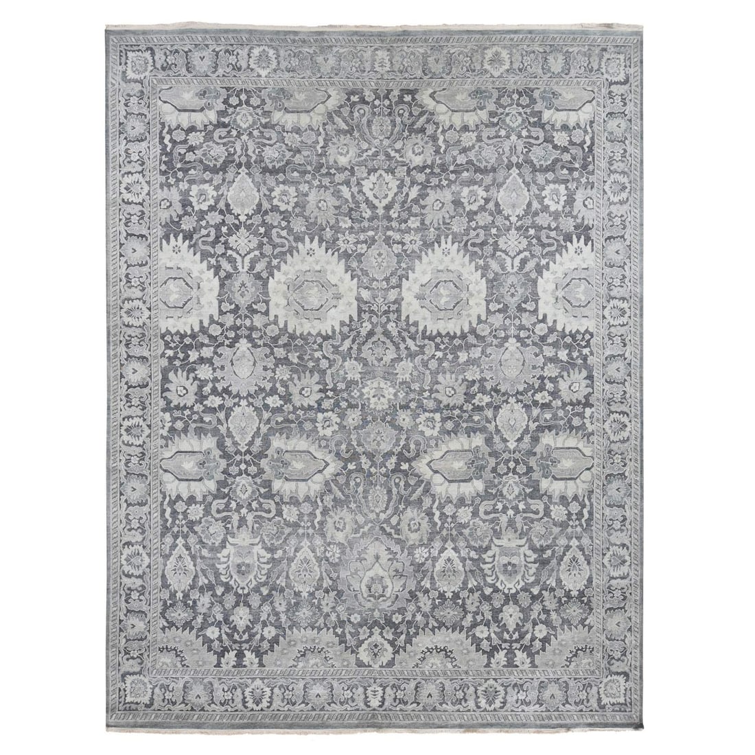 11'10"x14'10" Gray Hand Knotted Oushak Influence Silk Wool Oversized Rug: 11'10"x14'10" Gray Hand Knotted Oushak Influence Silk Wool Oversized Rug The 11'10"x14'10" Gray Hand Knotted Oushak Influence Silk Wool Oversized Rug boasts an impressive rectangular field with a subt