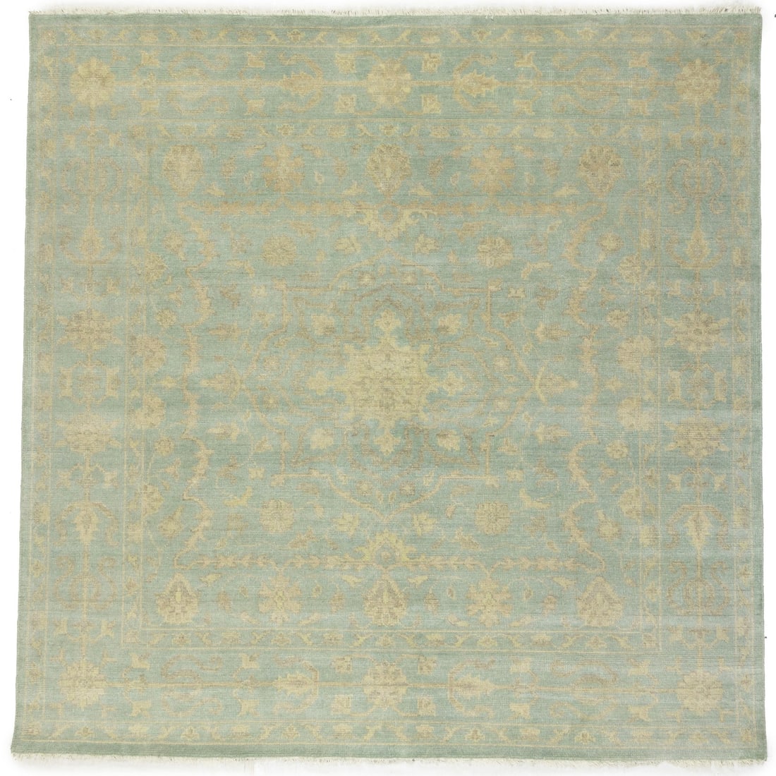 8X8 Ft Handmade Muted Aqua Blue Floral Wool Oriental Square Rug Decor Carpet Hand-Knotted: 8X8 Ft Handmade Muted Aqua Blue Floral Wool Oriental Square Rug Decor Carpet Hand-Knotted Hand-knotted in wool, this 8x8 ft square rug boasts a beautiful muted aqua blue floral pattern on a cream beig
