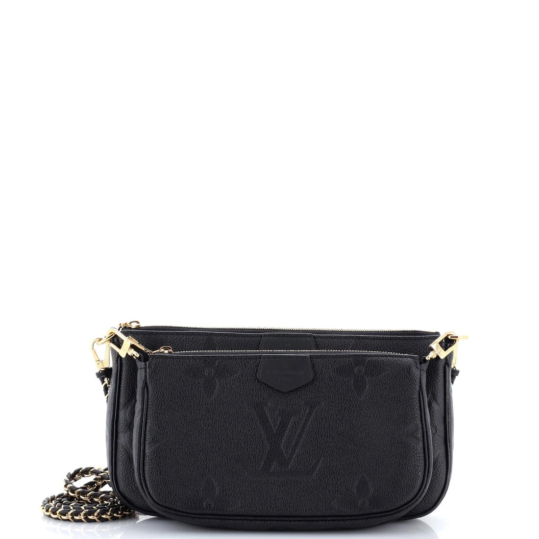 Louis Vuitton Giant Pochette Accessoires Monogram Empreinte: Louis Vuitton Giant Pochette Accessoires Monogram Empreinte Black Louis Vuitton Giant Pochette Accessoires Monogram Empreinte cross body bag with gold hardware and interior, featuring a spacious inter