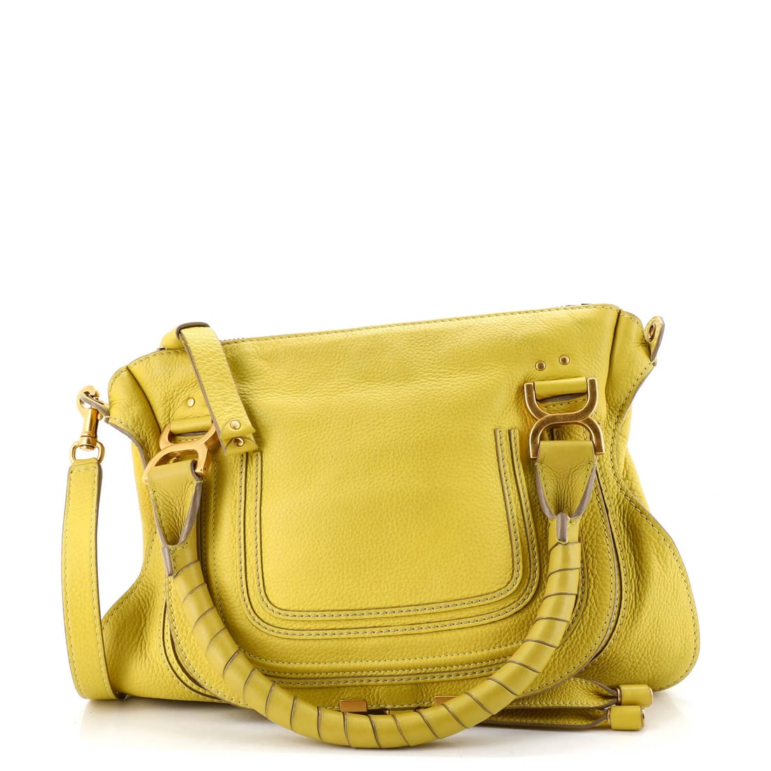 Leather Medium Satchel Chloe Marcie: Leather Medium Satchel Chloe Marcie Yellow Leather Medium Marcie Satchel with Gold Hardware, featuring a classic Chloe design. This medium-sized satchel boasts a bright yellow exterior and green inter