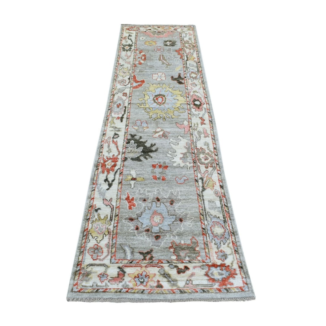 2'7"x9'8" Hand Knotted Gray Afghan Angora Oushak Pure Wool Oriental Rug: 2'7"x9'8" Hand Knotted Gray Afghan Angora Oushak Pure Wool Oriental Rug Hand-knotted with exceptional skill, this stunning Oushak rug boasts a rich gray wool pile and intricate Oriental design. Measur