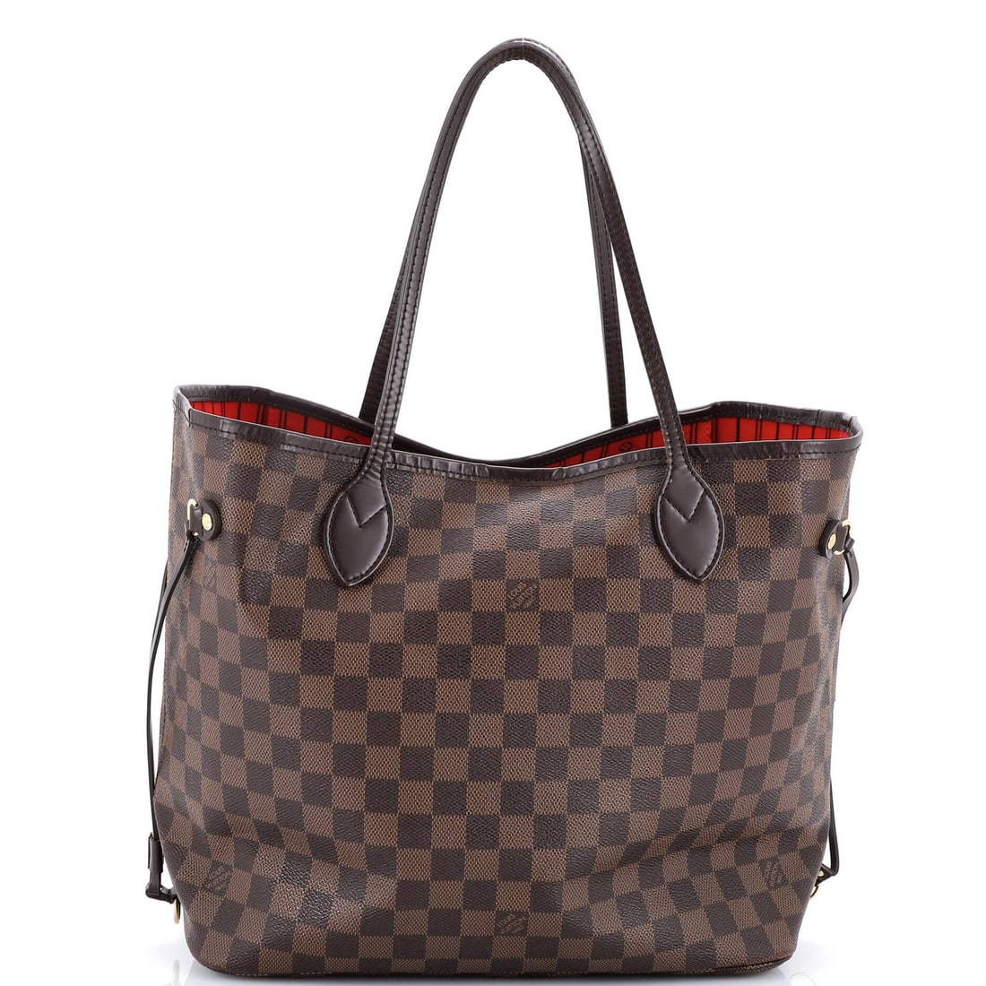 Damier MM Vuitton Louis Neverfull Tote: Damier MM Vuitton Louis Neverfull Tote Brown Damier MM Louis Vuitton Neverfull Tote with canvas coated exterior and gold hardware. Measuring 11" tall, 12.5" wide, and 6" deep, it features a classic to