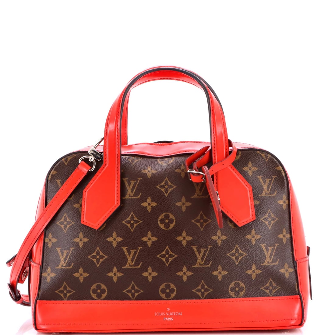 Louis Vuitton Handbag Monogram Canvas Calfskin Dora PM: Louis Vuitton Handbag Monogram Canvas Calfskin Dora PM Red Louis Vuitton Handbag Monogram Canvas Calfskin Dora PM, featuring iconic top handle and signature monogram pattern on canvas-coated leather