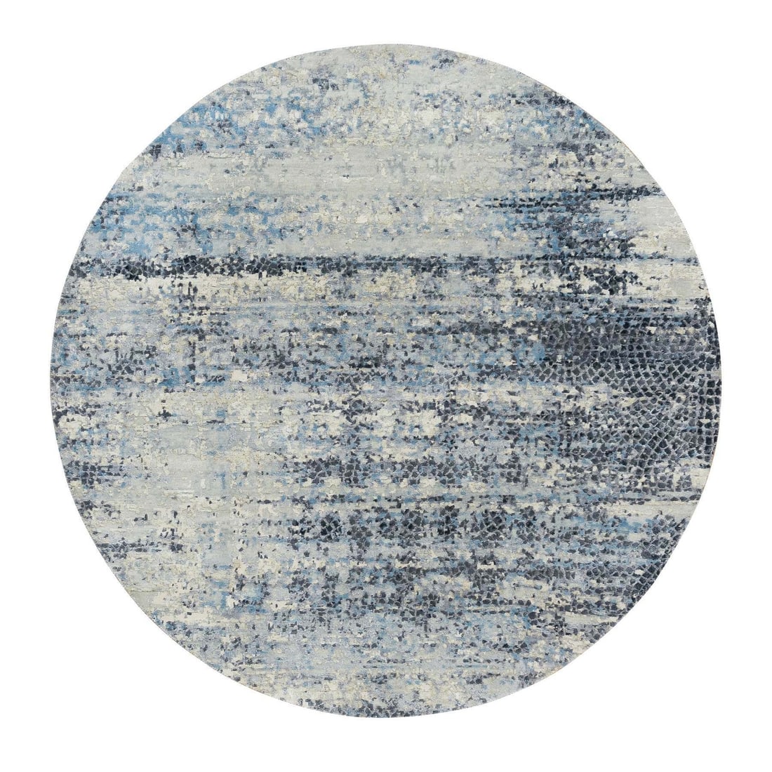 Blue gray wool silk hand knotted abstract round oriental rug: Blue gray wool silk hand knotted abstract round oriental rug Grey silk and wool hand-knotted abstract round oriental rug, featuring a subtle ballad blue and beige accent in its field color. This uniqu