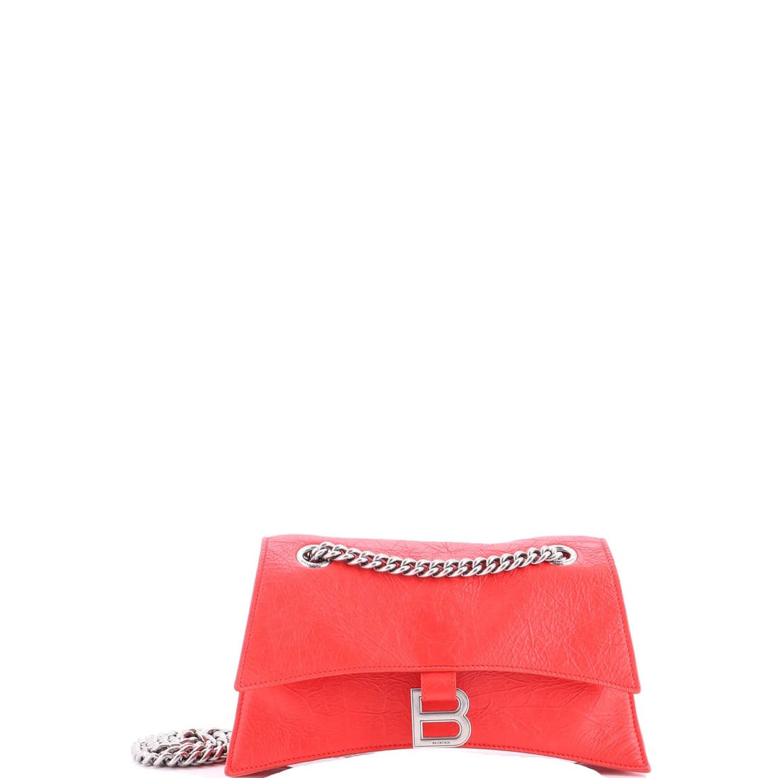 Small chain flap leather bag crush by Balenciaga: Small chain flap leather bag crush by Balenciaga The Balenciaga Small Chain Flap Leather Bag features a striking red exterior with a chain flap closure, adding an edgy touch to its sleek design. Measu
