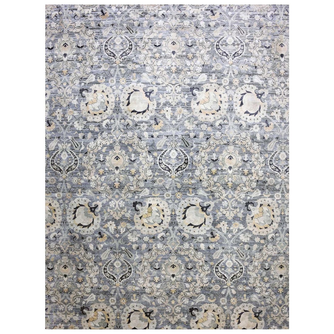 12'2"x15'4" Gray Tulip Large Blossom Wool Hand Knotted Oversize Rug: 12'2"x15'4" Gray Tulip Large Blossom Wool Hand Knotted Oversize Rug Gray Tulip Large Blossom Wool Hand Knotted Oversize Rug, measuring 12'2"x15'4" in size, boasts a stunning rectangular field with an 