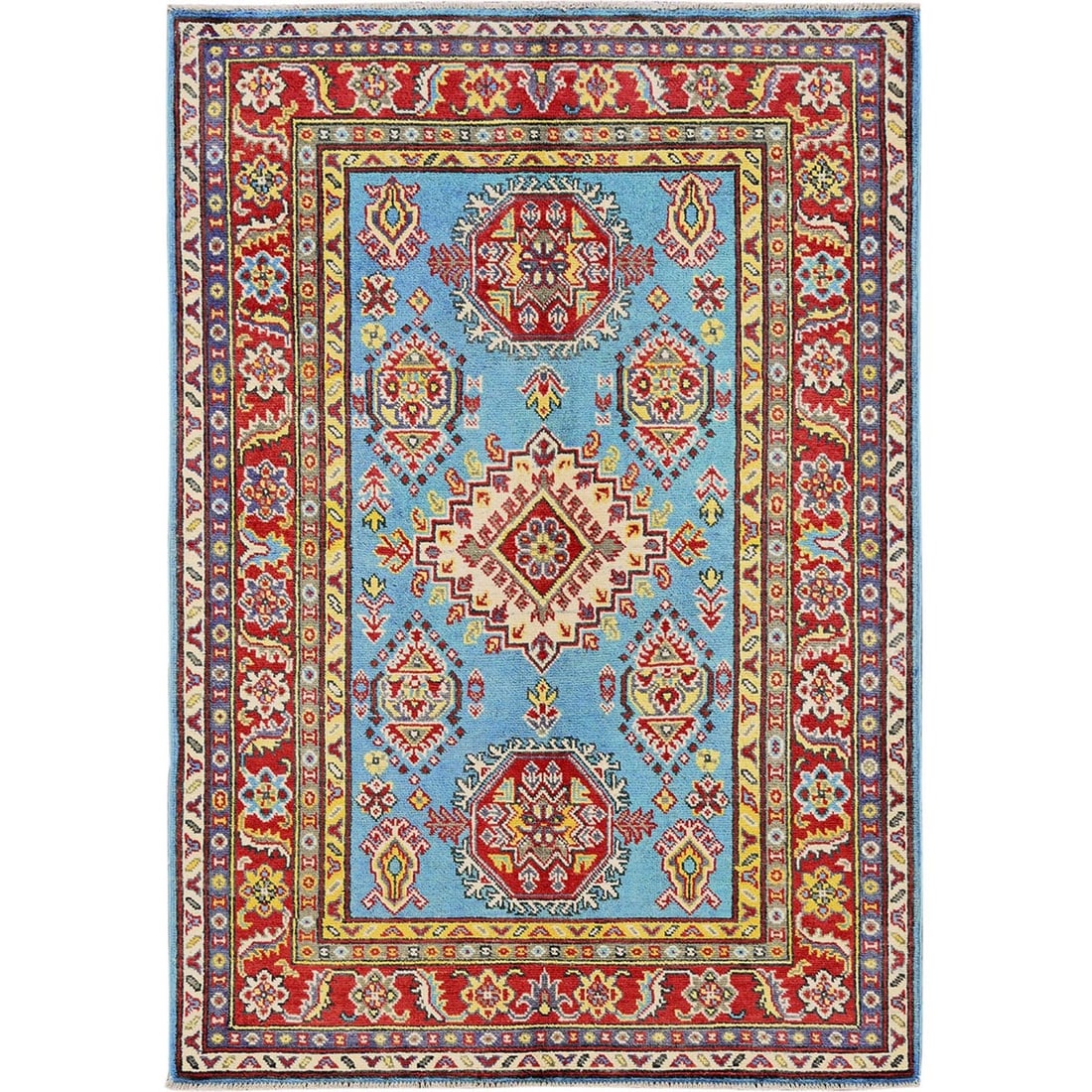 4'1"x5'10" Blue Kazak Geometric Medallions Design Hand Knotted All Wool Rug: 4'1"x5'10" Blue Kazak Geometric Medallions Design Hand Knotted All Wool Rug This stunning Blue Kazak Geometric Medallions Design Hand Knotted All Wool Rug boasts a striking blue field with intricate g