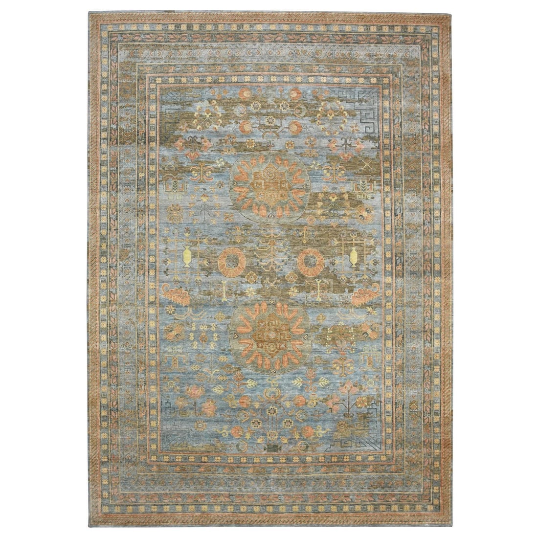 10'x14'2" Stone Blue Khotan Influence Abrash Hand Knotted Wool & Silk Rug (1 of 11)