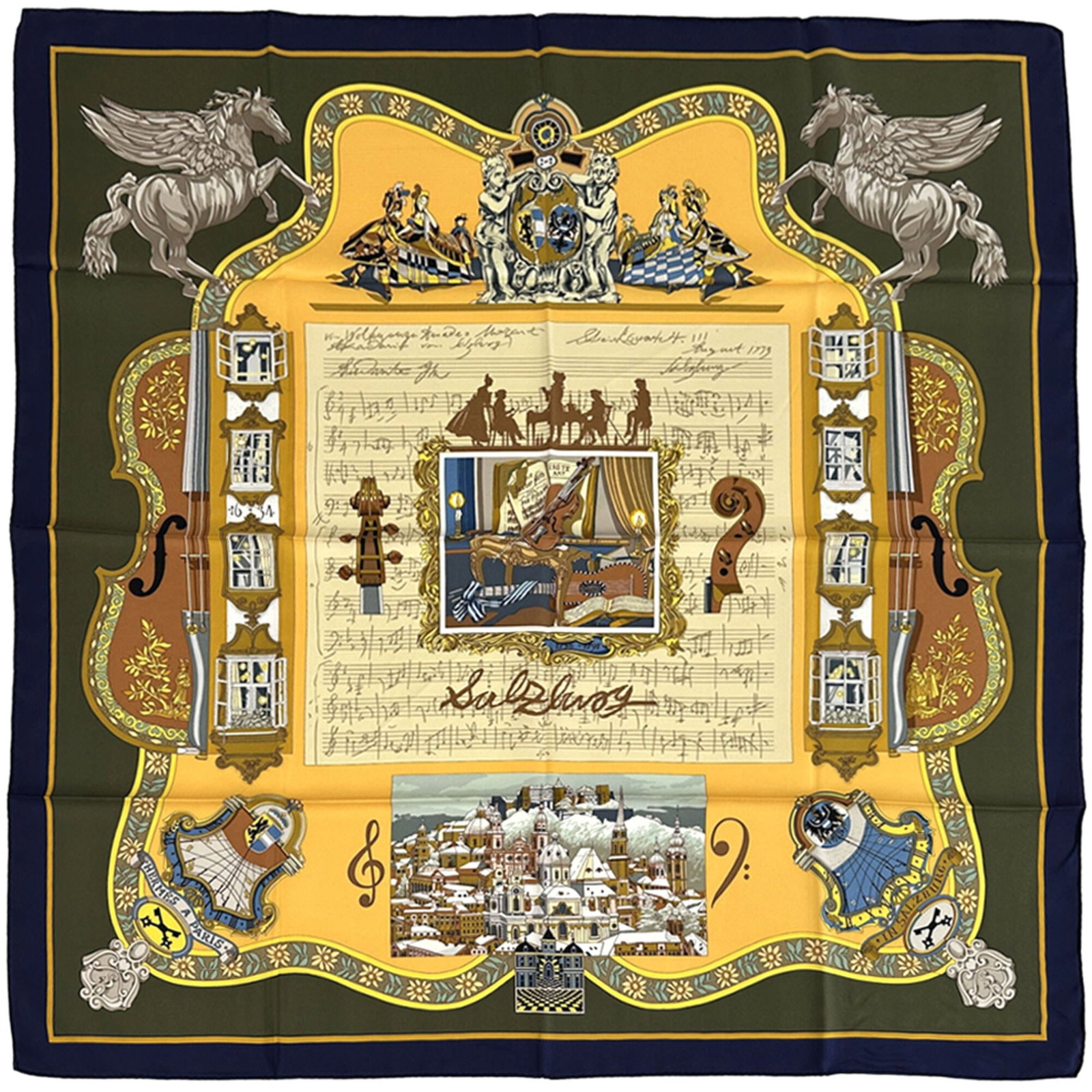 Hermes silk scarf: Hermes silk scarf Silk scarf from renowned French fashion house Hermes, featuring a vibrant green and multi-color design. Made from high-quality silk, this 90cm x 90cm square scarf boasts a classic si